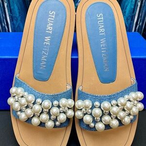 Stuart Weitzman Blue Denim Sandals with Pearl Accents